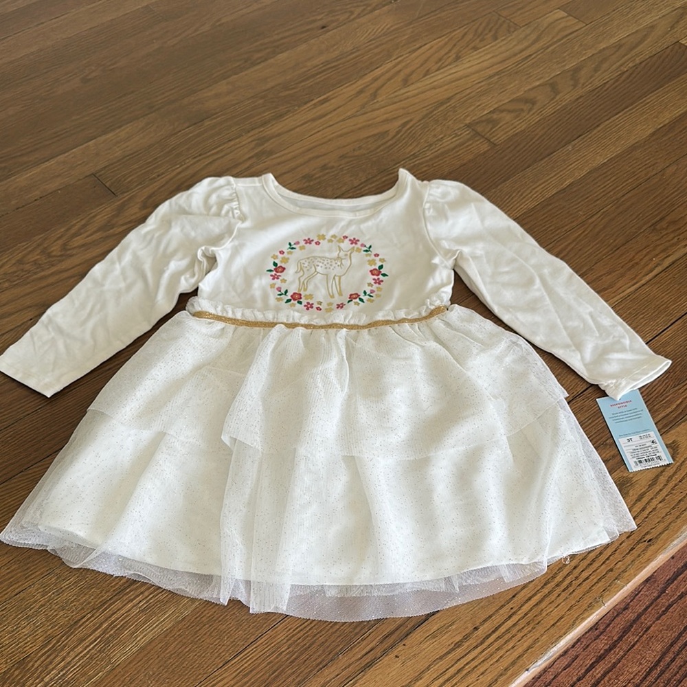 White Long Sleeve Dress with Unicorn